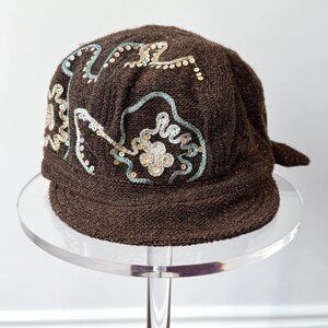 y2k vintage new brown sparkly sequin embroidered tweed cabbie hat cadet cap